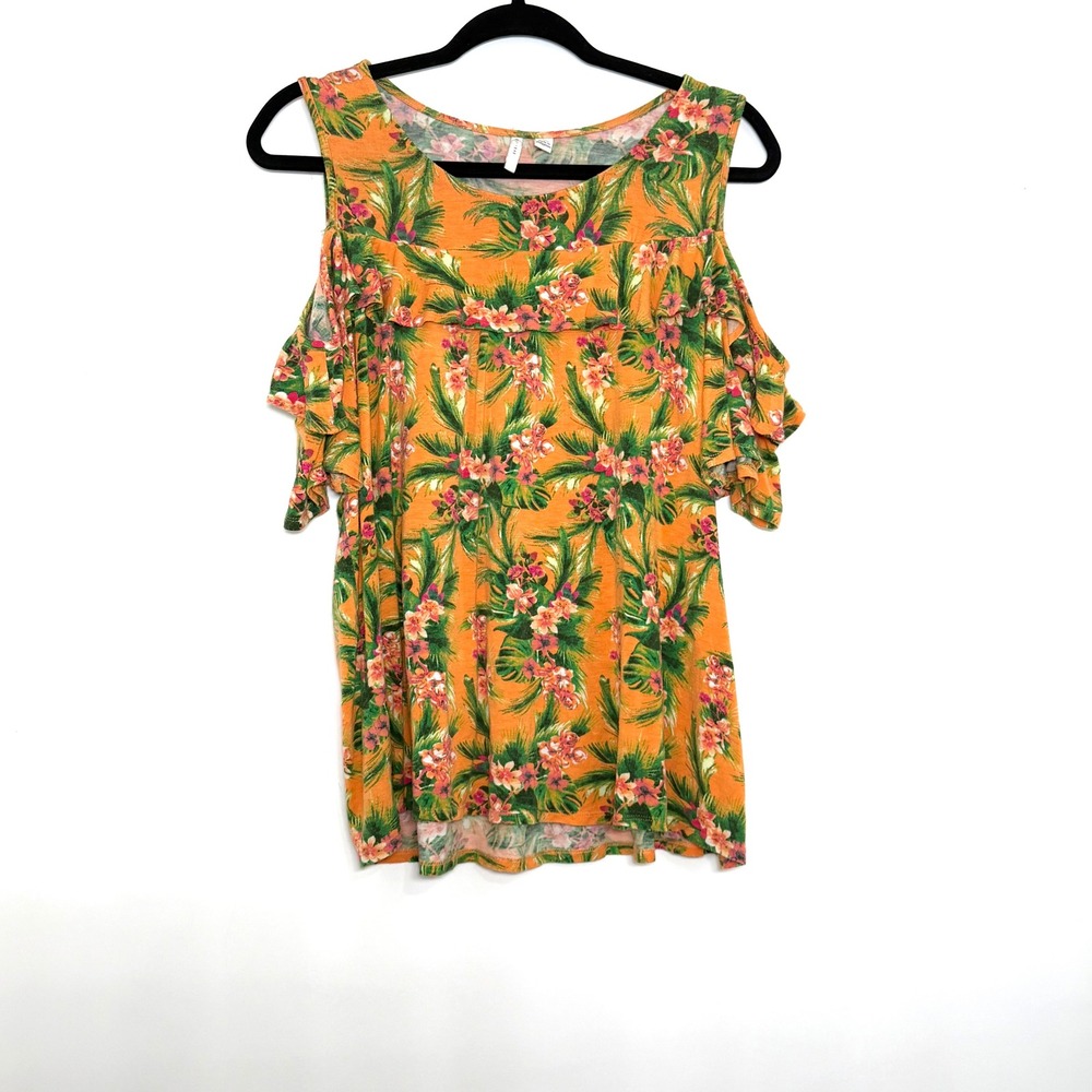 Cato Women's L Orange Tropical Floral Cold Shoulder Ruffle Top